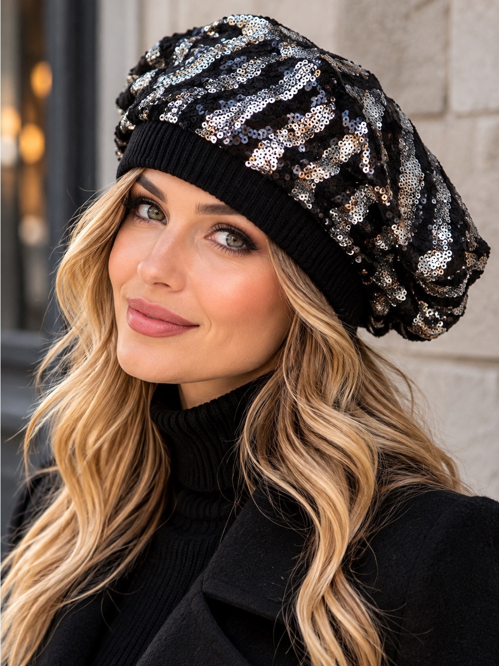 Black and silver sequins beret